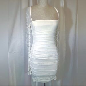 Windsor Mini Body Con Dress, Ruched Sides White,Pleated Shell/Lined, Pearls,S/ 2
